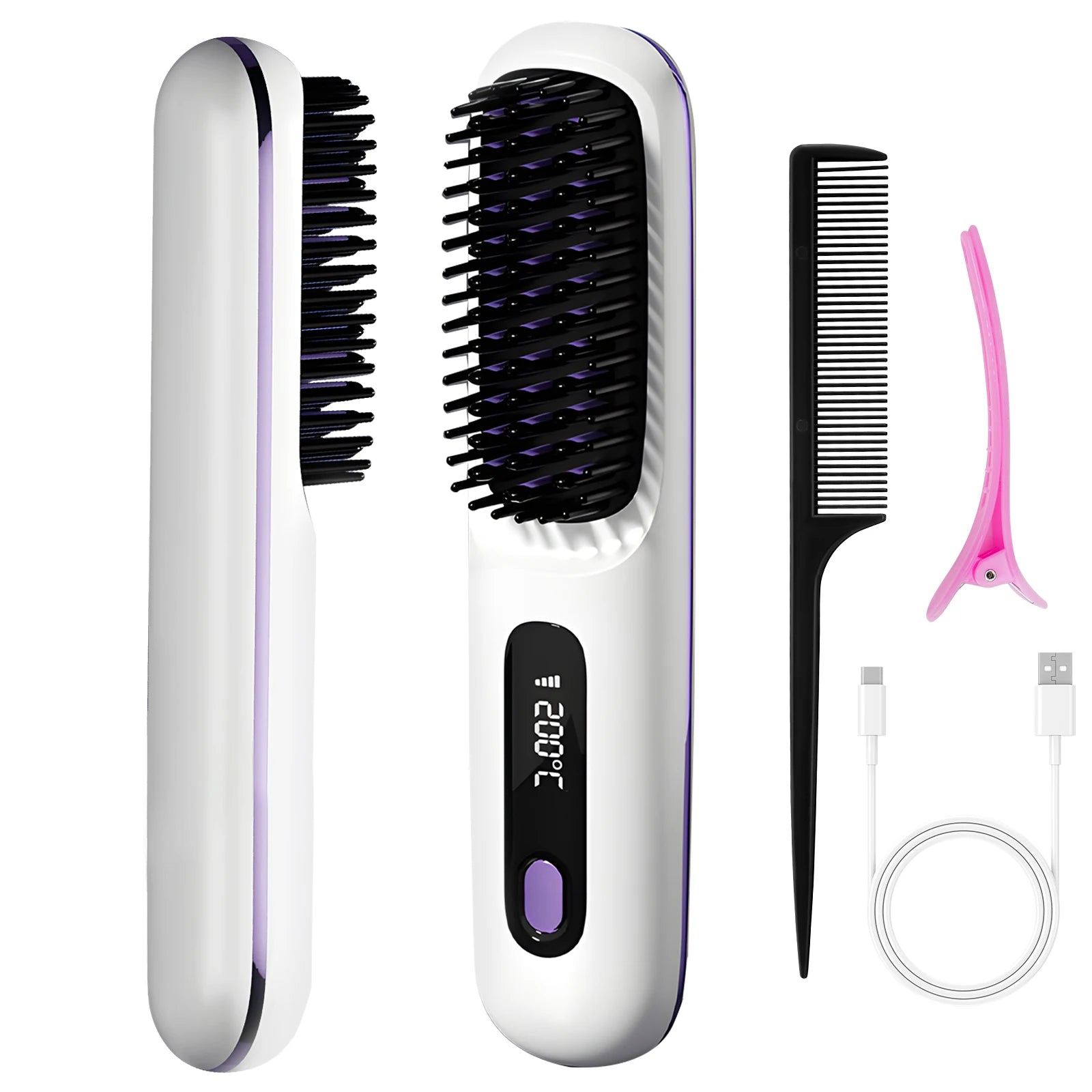 Hair Straightener Brush For Women Fast Heating Ceramic Anti-scalding Design 160-200°C Adjustable Temperature For All Hair Types