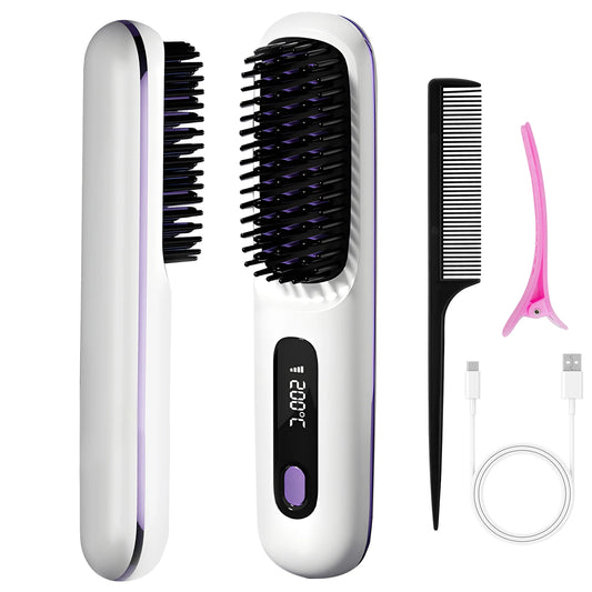Hair Straightener Brush For Women Fast Heating Ceramic Anti-scalding Design 160-200°C Adjustable Temperature For All Hair Types