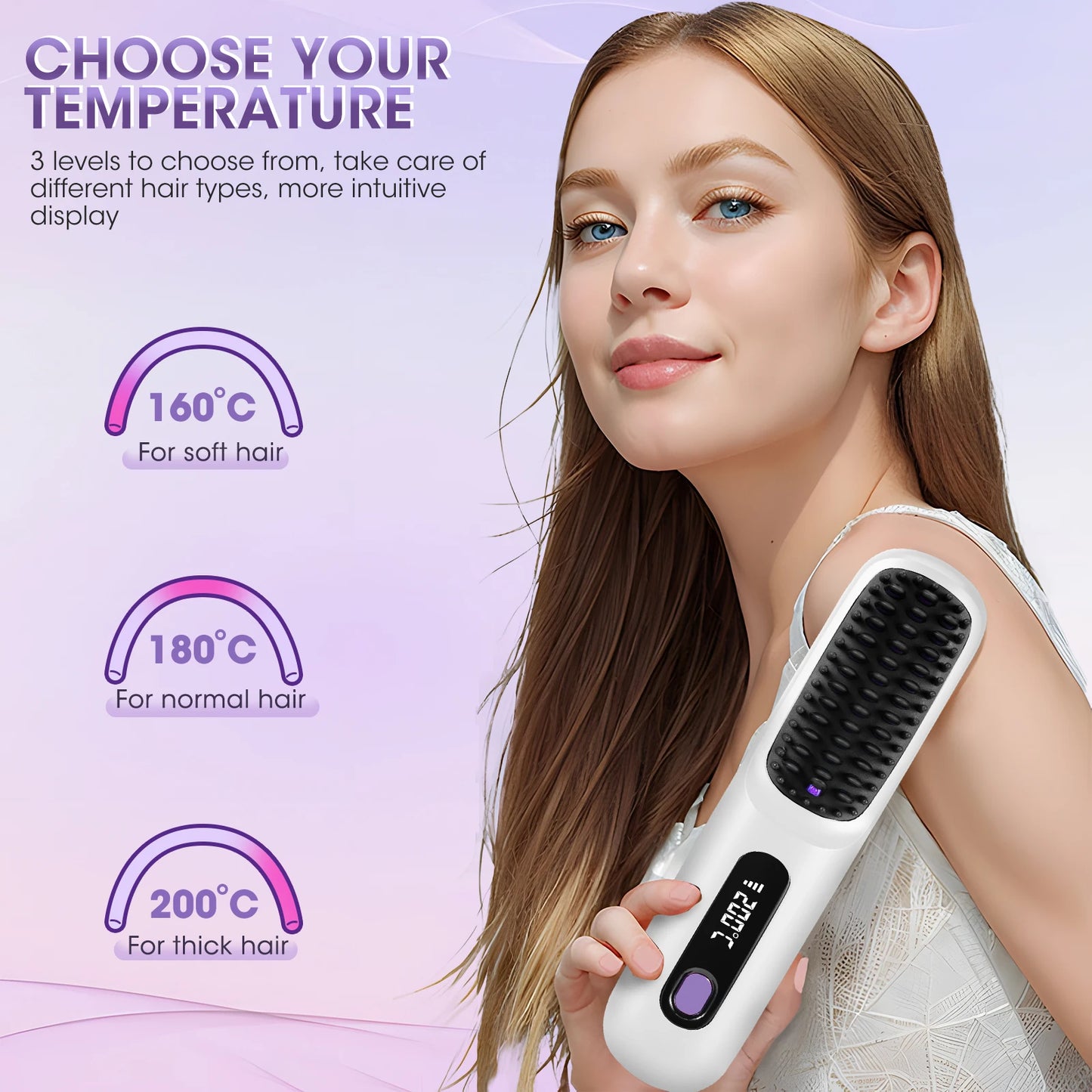Hair Straightener Brush For Women Fast Heating Ceramic Anti-scalding Design 160-200°C Adjustable Temperature For All Hair Types