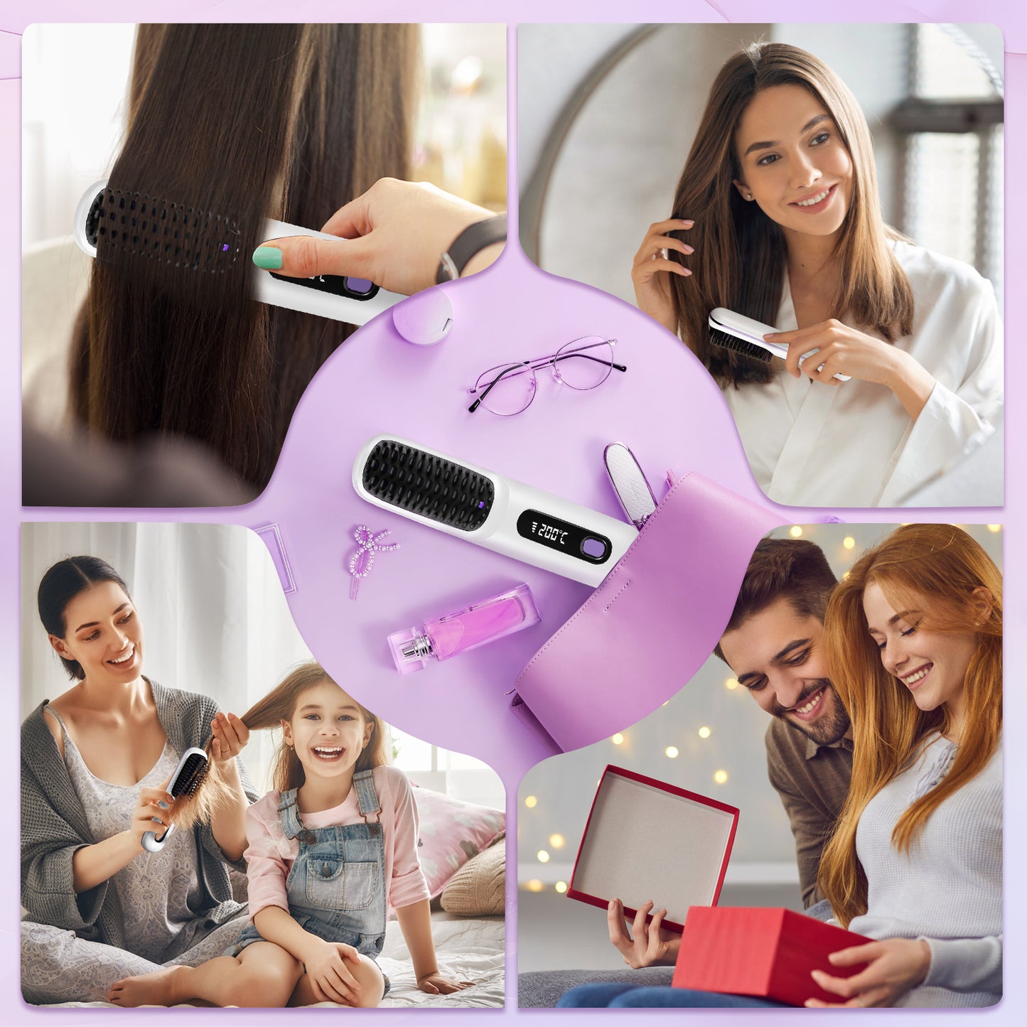 Hair Straightener Brush For Women Fast Heating Ceramic Anti-scalding Design 160-200°C Adjustable Temperature For All Hair Types